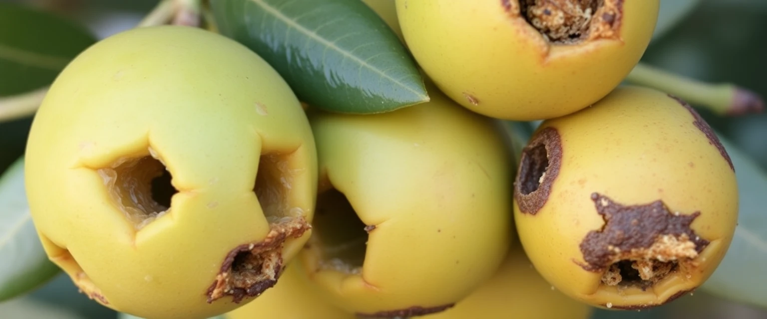 Aceitunas dañadas por la mosca del olivo, mostrando agujeros y podredumbre